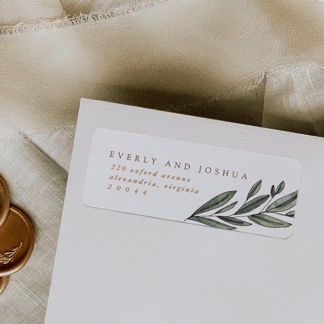 Romantic Evergreen Returetiketters Returadress Etikett (Romantic evergreen watercolor botanicals wedding return address label.)