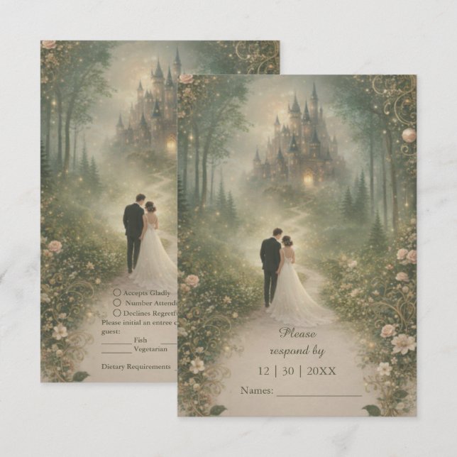 Romantic Fairytale Castle Forest Path Wedding OSA Kort (Fram/baksida)