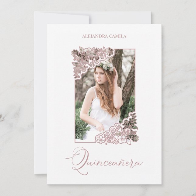 Romantic Fake Rose Gold Floral Frame Photo XV años Inbjudningar (Framsida)