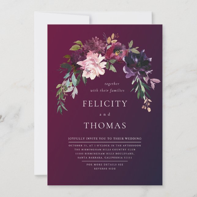 Romantic Fall Blommigt Burgundy Tvättar QR-koden B Inbjudningar (Framsida)