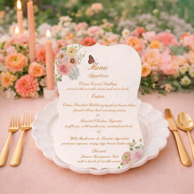 Romantic Floral Die Cut Wedding Menu Card Inbjudningar (Skapare uppladdad)
