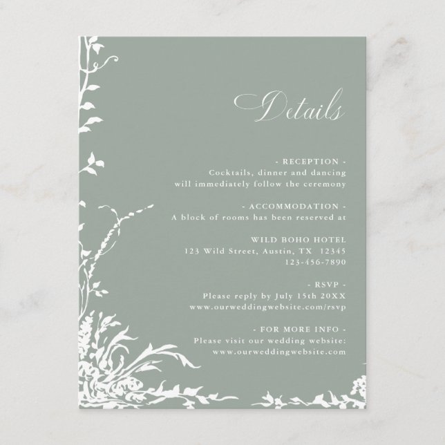Romantic Floral Garden Wedding Details Sage Green Tilläggskort (Framsida)