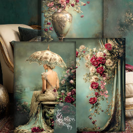 Romantic Floral, Lady & a Parasol, Matching Set