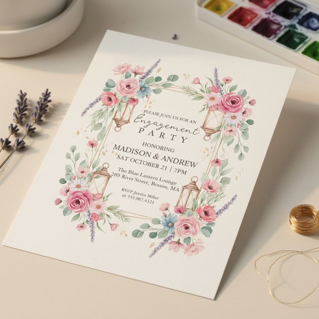 Romantic Floral Lantern Engagement Invitation Inbjudningar (Timeless Romantic Theme)