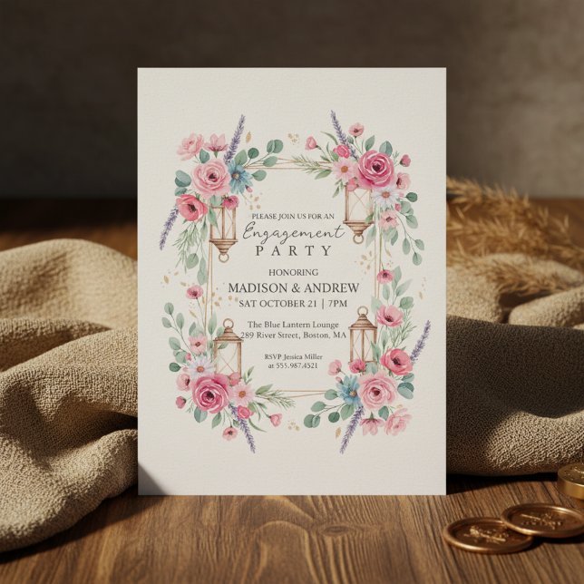 Romantic Floral Lantern Engagement Invitation Inbjudningar (A romantic engagement invitation design featuring soft watercolor florals)