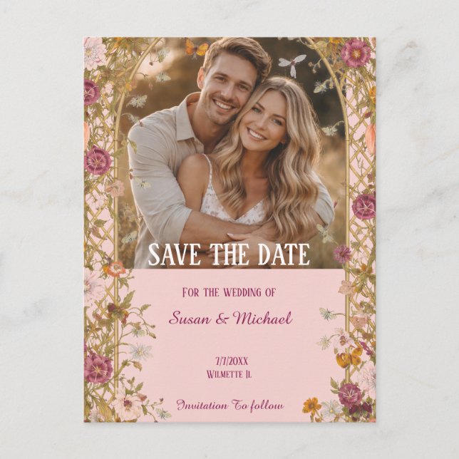 Romantic Floral Save the Date Meddelande Vykort (Framsida)