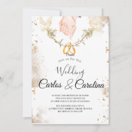 Romantic Floral Wedding Invitation with Gold Rings Inbjudningar