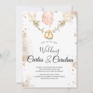 Romantic Floral Wedding Invitation with Gold Rings Inbjudningar