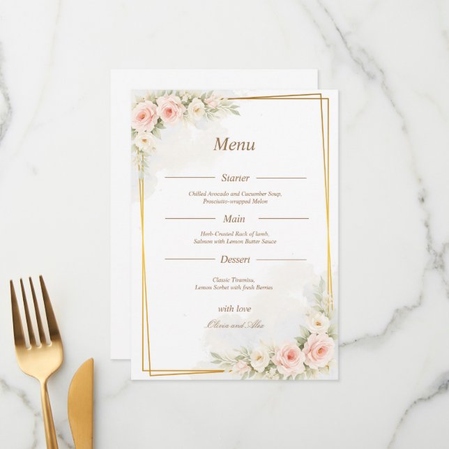 Romantic Floral Wedding Menu Dusty Blush Peony Meny (Fram/Back In Situ)
