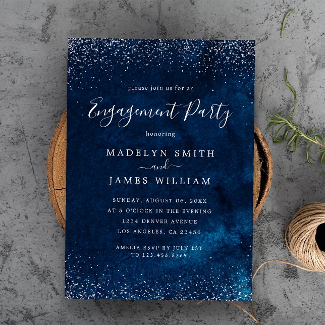 Romantic Förlovningsfest Navy Blue Silver Inbjudningar (Romantic Engagement Party Navy Blue Silver Invitation
)