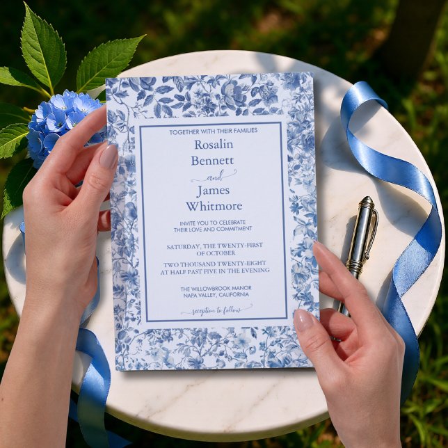 Romantic French Blue Toile Garden Frame Wedding Inbjudningar (Romantic French Blue Toile Garden Frame Wedding Invitation)