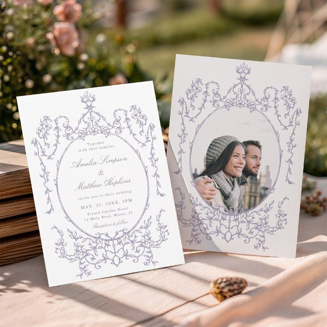 Romantic French Frame Lavender Wedding Photo Inbjudningar (Front & Back)