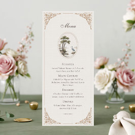 Romantic French Heron Oval Frame Wedding Menu Card Meny