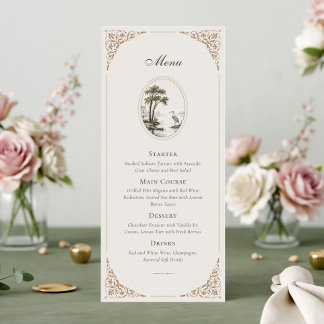 Romantic French Heron Oval Frame Wedding Menu Card Meny
