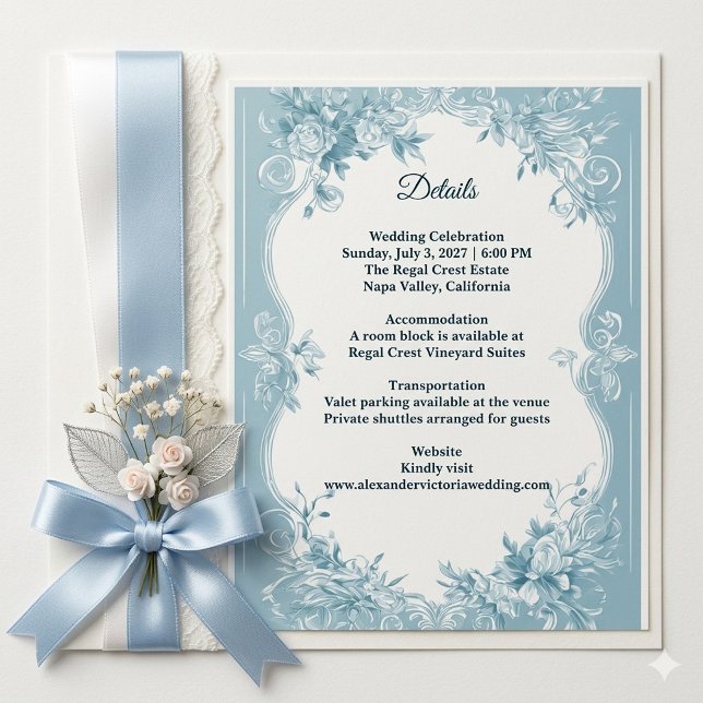 Romantic French Toile Blue Florals Wedding Details Tilläggskort (Romantic French Toile Blue Florals Wedding Details Enclosure Card)