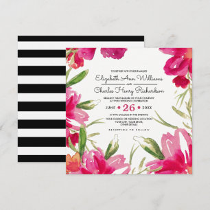 Romantic Fuchsia Blommigt Black Rand Bröllop Inbjudningar