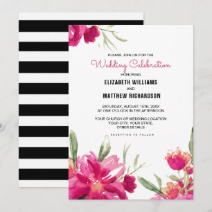 Romantic Fuchsia Blommigt Black Rand Bröllop Inbjudningar