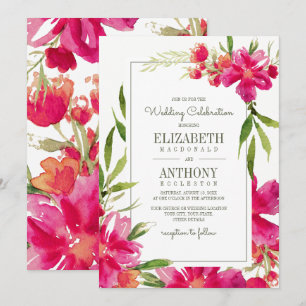 Romantic Fuchsia Grönt Blommigt Watercolor Bröllop Inbjudningar