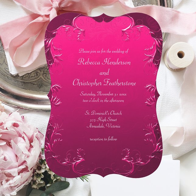 Romantic Fuchsia Rosa Curved Inbjudningar (Skapare uppladdad)