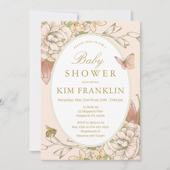 Romantic Garden Blommigt Baby Bee Girl Shower Inbjudningar (Framsida)
