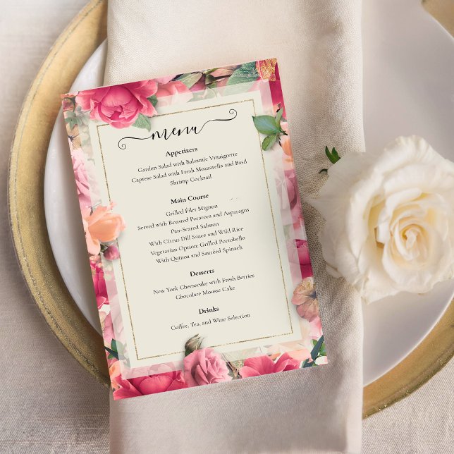 Romantic Garden Bright Blommigt Ro Bröllop Menu (Romantic Garden Bright Floral Rose Wedding Menu)