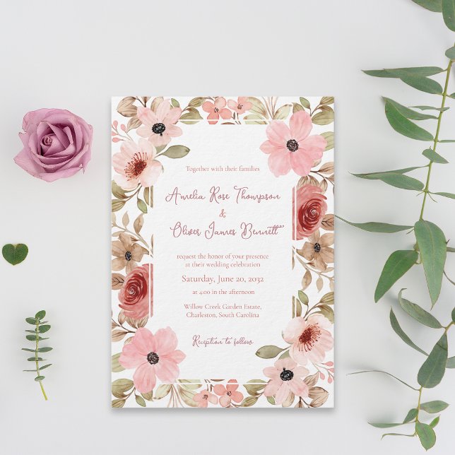 Romantic Garden Floral Border Wedding Invitation Inbjudningar (Romantic Garden Floral Border Wedding Invitation)