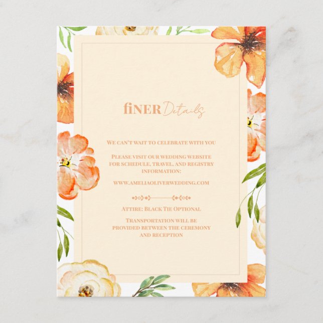 Romantic Garden Peach Floral Wedding Finer Details Tilläggskort (Framsida)