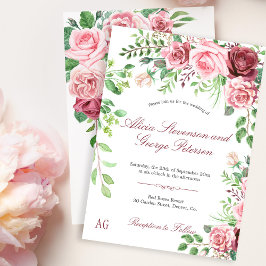 Romantic Garden Rosa ros Monogram Bröllop Inbjudningar