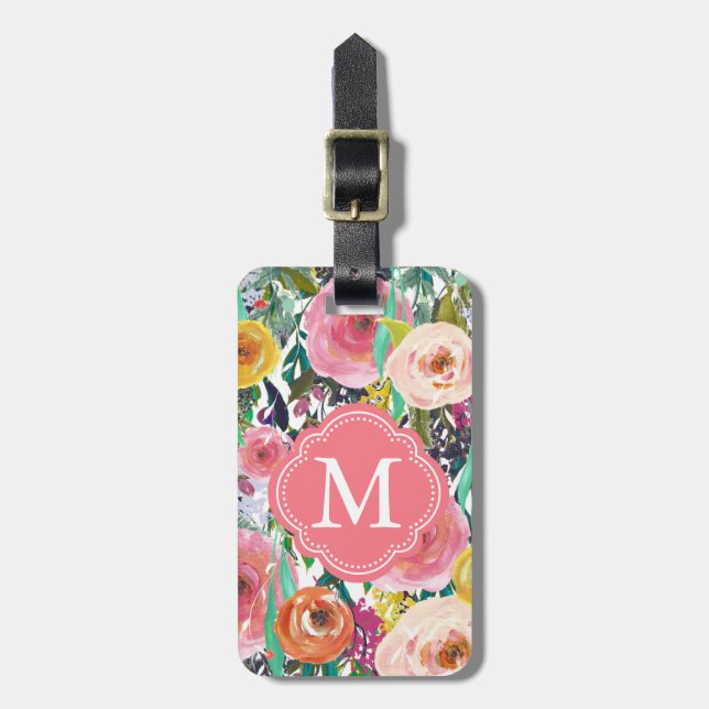 Romantic Garden Watercolor Flowers Monogram Bagagebricka (Vertikal Framsida)