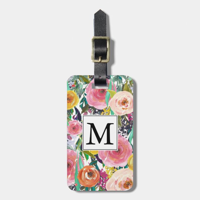 Romantic Garden Watercolor Flowers Monogram Bagagebricka (Vertikal Framsida)