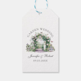 Romantic Garden Wedding Blommigt Arch Fontän Presentetikett