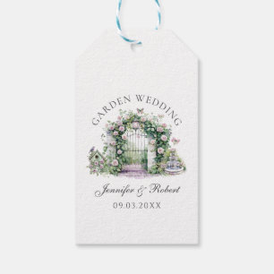 Romantic Garden Wedding Blommigt Arch Fontän Presentetikett
