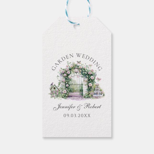 Romantic Garden Wedding Blommigt Arch Fontän Presentetikett (Baksidan)