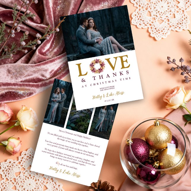 Romantic Garland Love Quote Collage Wedding  Julkort (Romantic Garland Love Quote Collage Wedding 4-Photo Christmas Holiday Cards for First Christmas.)