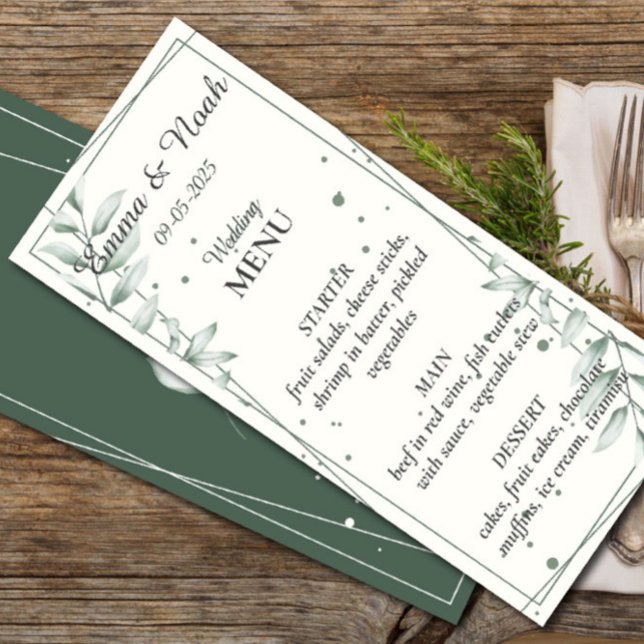 Romantic Gentle Grönt Löv Bröllop Dinner Menu Meny (Skapare uppladdad)