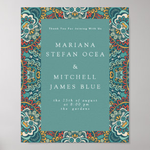 Romantic Geometric Mandala soft blue grått och red Poster
