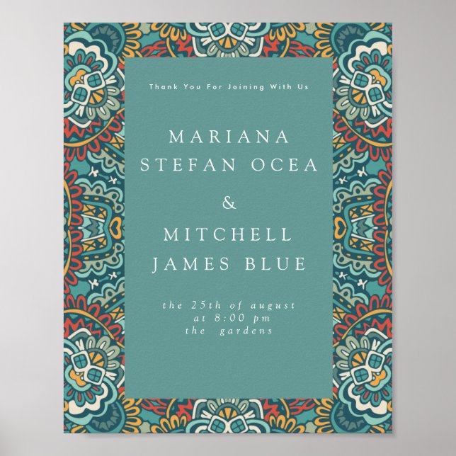 Romantic Geometric Mandala soft blue grått och red Poster (Framsidan)