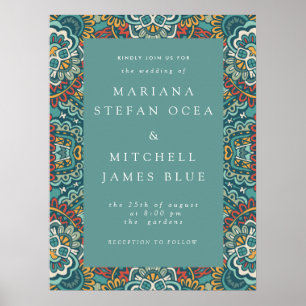 Romantic Geometric Mandala soft blue grått och red Poster