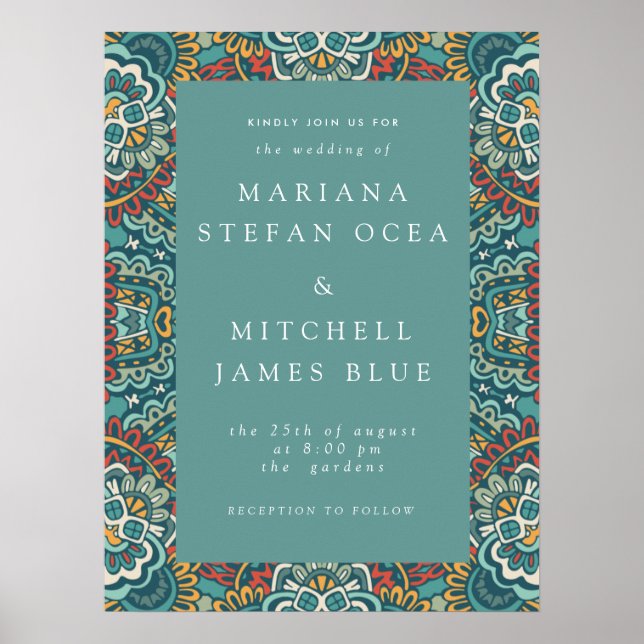 Romantic Geometric Mandala soft blue grått och red Poster (Framsidan)
