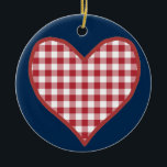 Romantic Gingham Hearts och Röd ros Ornament<br><div class="desc">En romantisk keramisk prydnadsämne,  med en röd och vit check Gingham Heart på ena sidan och en Röd ros,  skisserad i vitt på den andra sidan. Båda är på en djup blå bakgrund som du kan ändra om du vill. Del av Judy Adamsons insamling av Hearts och Ro.</div>