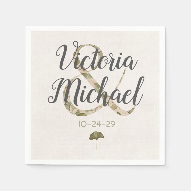 Romantic Ginkgo Initialer bröllop napkins Pappersservett (Framsidan)