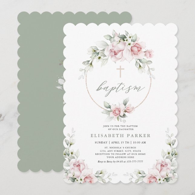 Romantic Girl Baptism Blommigt Rosa Inbjudan (Fram/baksida)