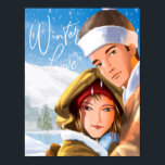 Romantic Glad helg Winter Kärlek Poster Pappert<br><div class="desc">Tittar så söt! Det unga romantiska paret som är utklädt på tung vinter jackar,  handskar och hattar som njuter av vädret i kallet och snö faller över bergen,  träd och sjö. Du kan ändra texten enligt dina önskemål.</div>