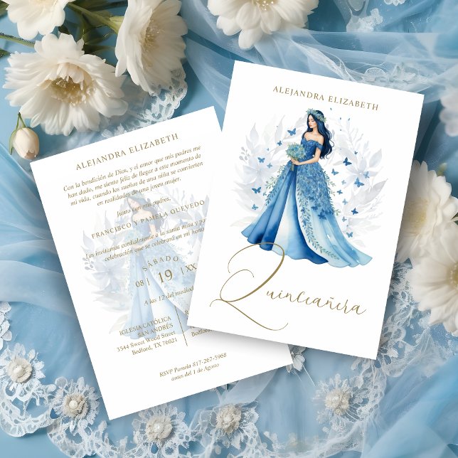 Romantic Glam Spanska Quinceañera Blue Shades Inbjudningar (Romantic Glam Spanish Quinceañera Blue Shades Invitation Card.)
