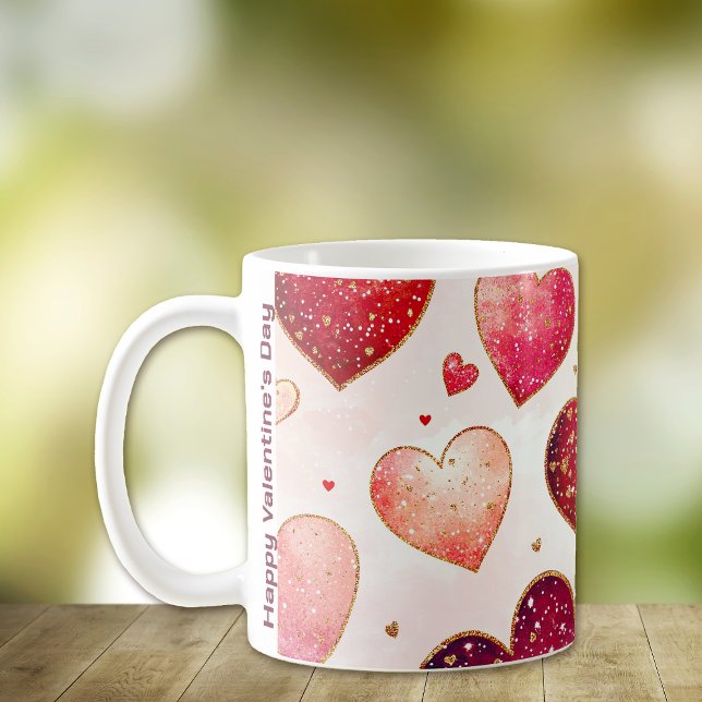 Romantic Glittery Guld Rosa Red Hearts Valentine Kaffemugg (Skapare uppladdad)