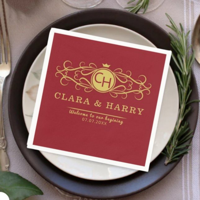 Romantic gold red elegant calligraphy wedding  pappersservett (Skapare uppladdad)