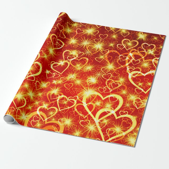 Romantic Golden Hearts on Orange Presentpapper (Utrullad)