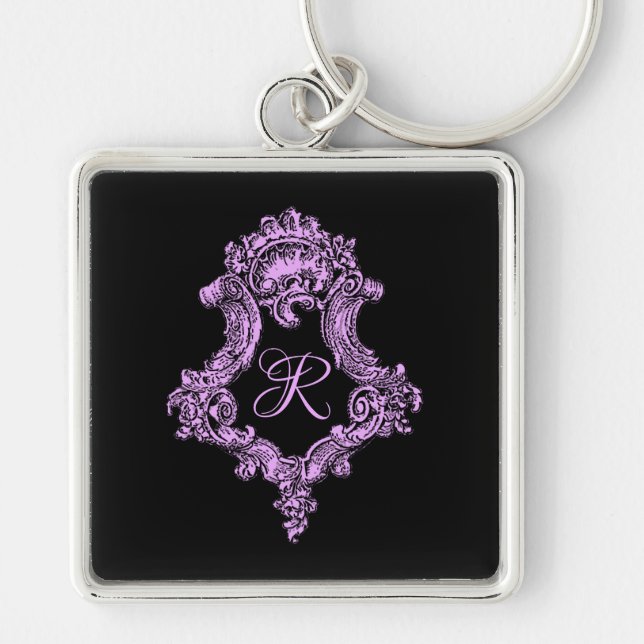 Romantic Goth Rosa Monogram Fyrkantig Silverfärgad Nyckelring (Framsidan)