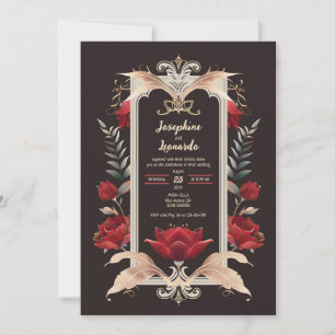Romantic Gothic Röd ros och Guld Bröllop Inbjudningar