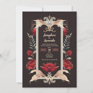 Romantic Gothic Röd ros och Guld Bröllop Inbjudningar